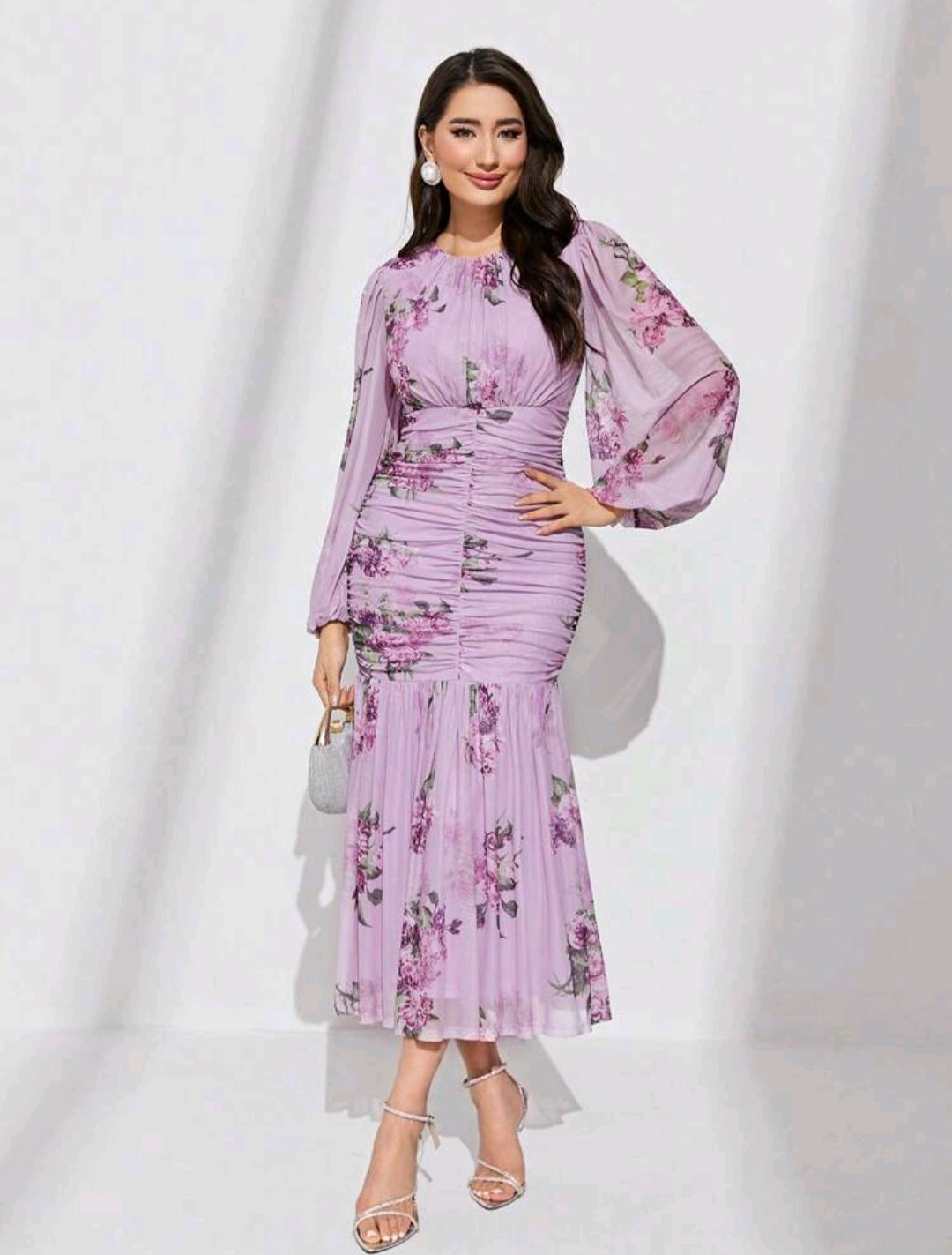 Floral Print Ruched Mermaid Hem Dress