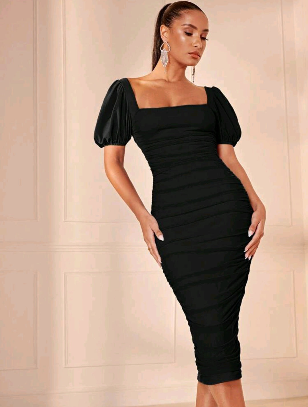 Square Neck Puff Sleeve Ruched Mesh Bodycon Dress