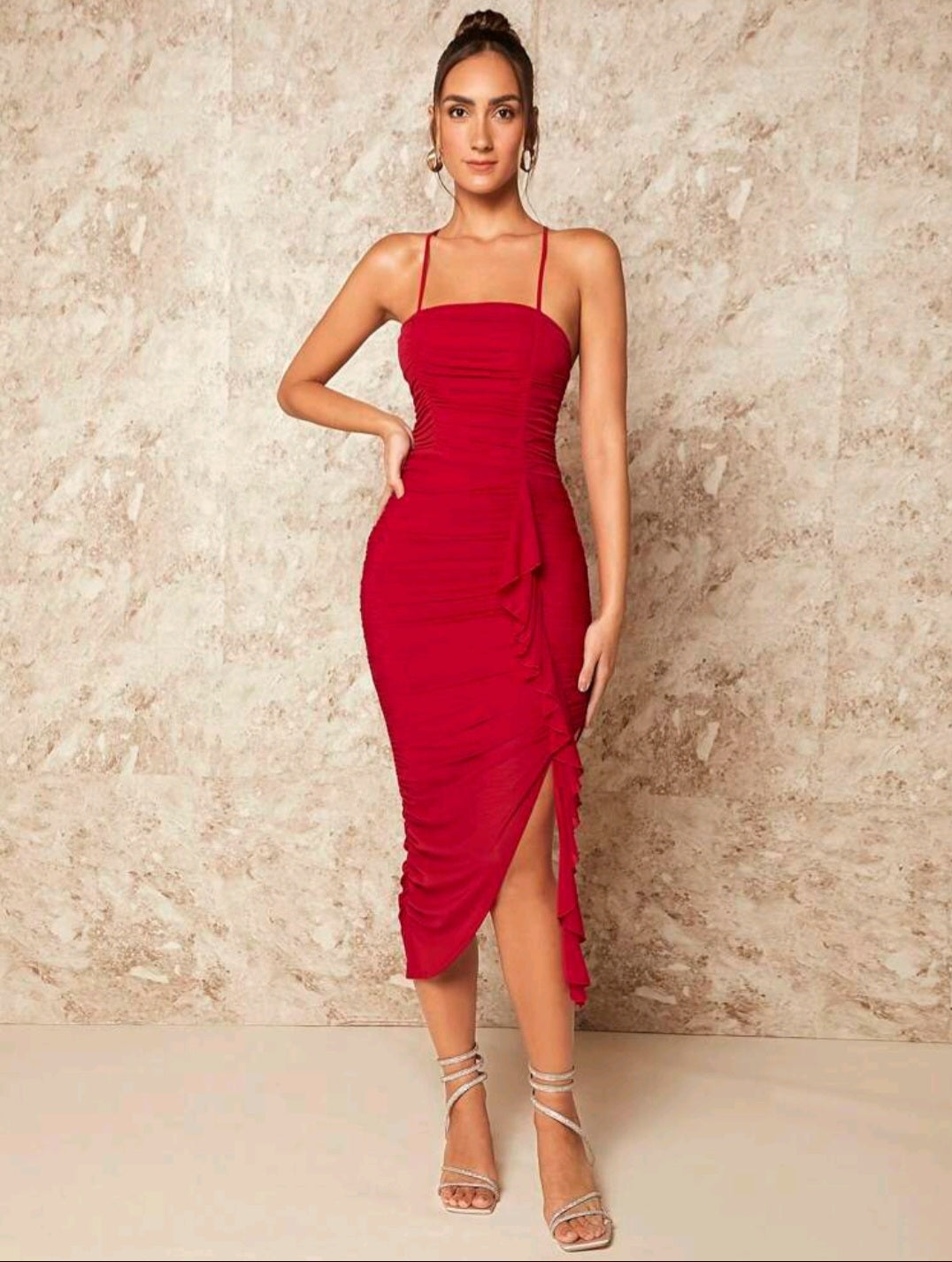 Ruched Ruffle Trim Split Thigh Cami Dress