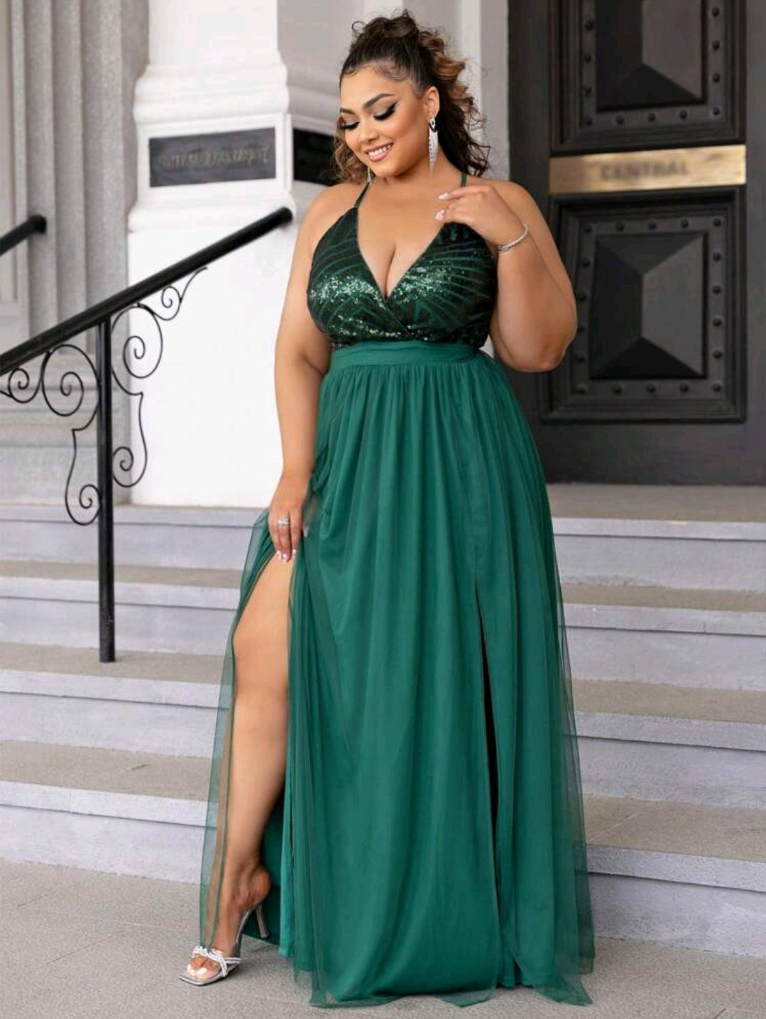 Selena Sequin Split Thigh Maxi Dress - Green