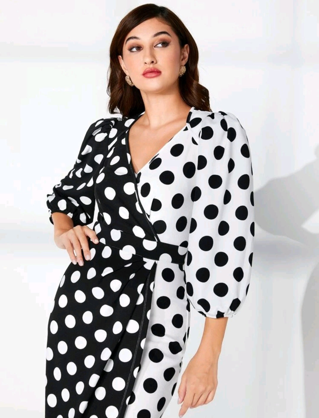 Polka Dot Lantern Sleeve Wrap Dress