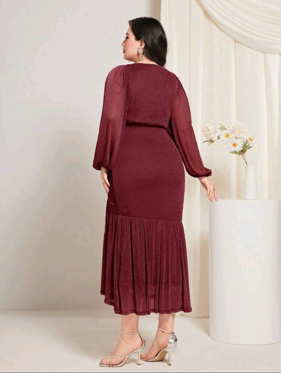 Alexia Lantern Sleeve Glitter Dress - Burgundy