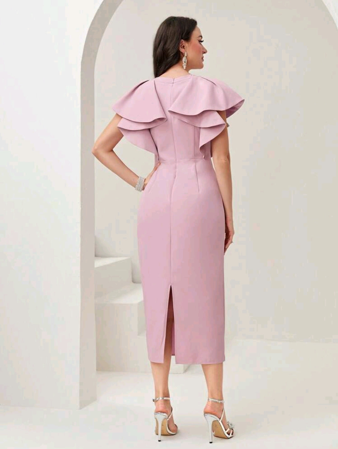 Rhinestone Detail Ruffle Trim Split Back Dress