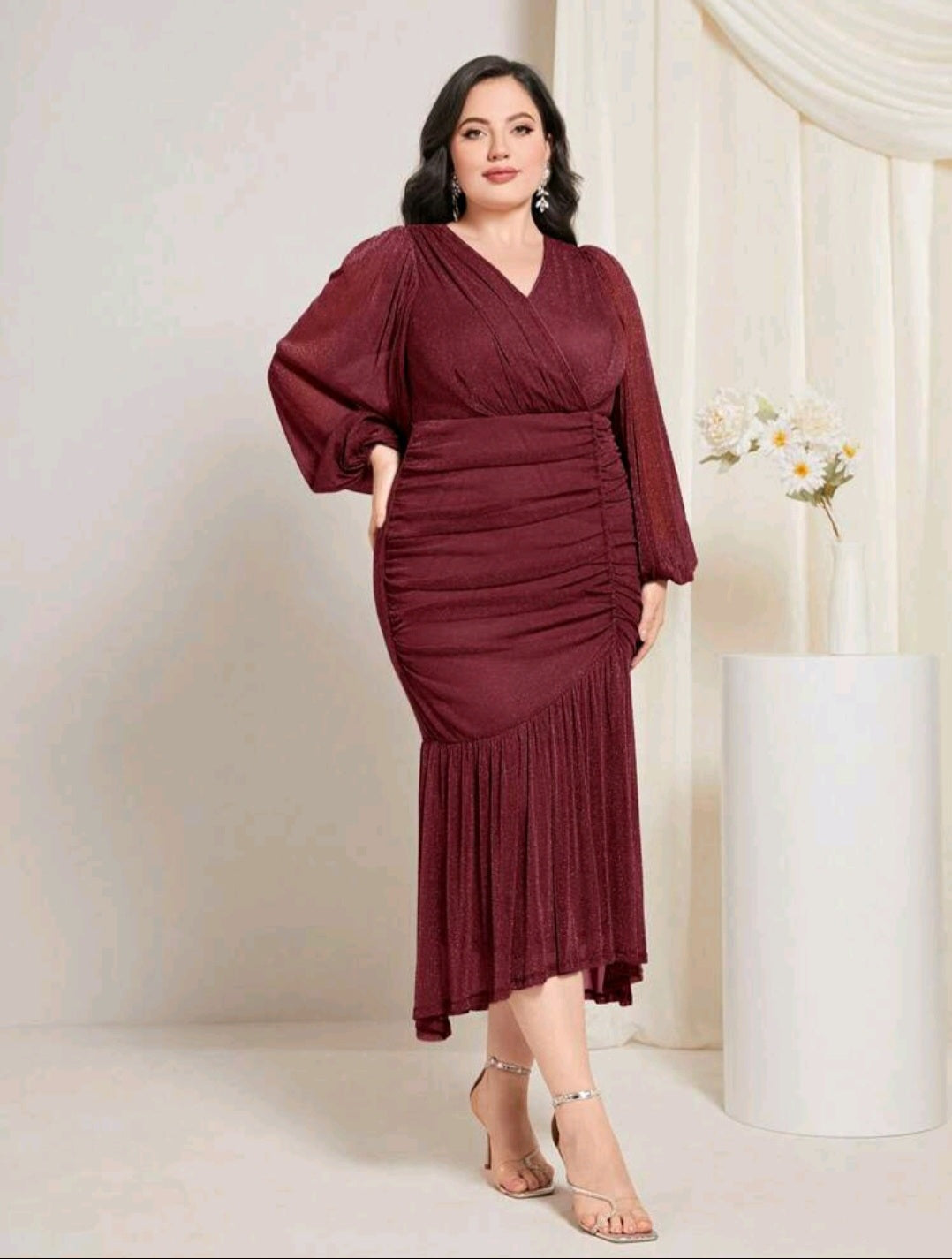 Alexia Lantern Sleeve Glitter Dress - Burgundy