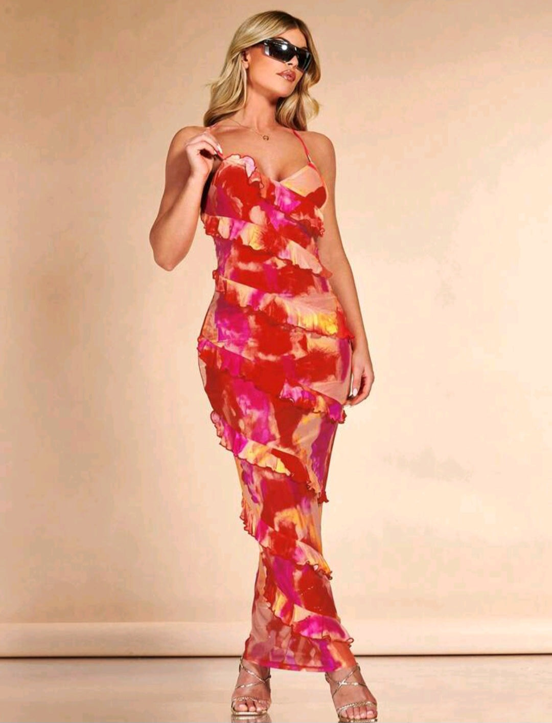 Narali Tie Dye Ruffle Trim Crisscross Backless Maxi Dress
