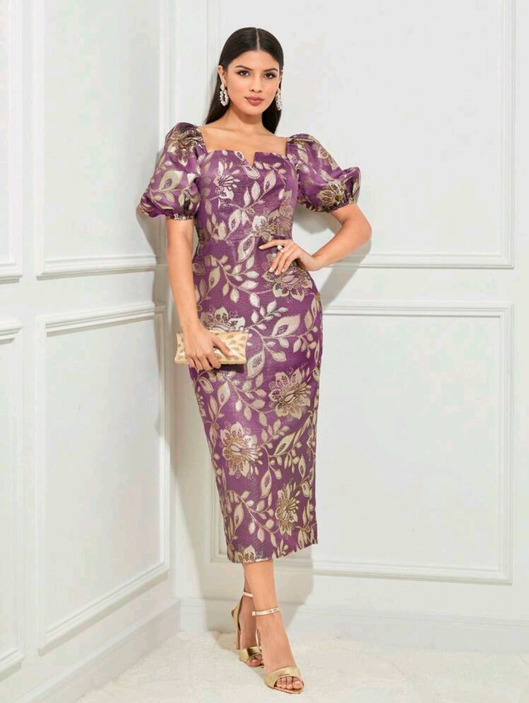 Floral Print Puff Sleeve Split Back Dress