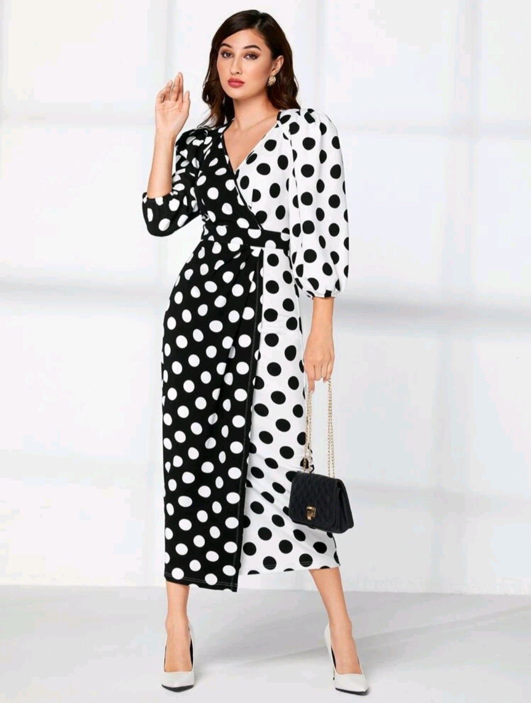 Polka Dot Lantern Sleeve Wrap Dress