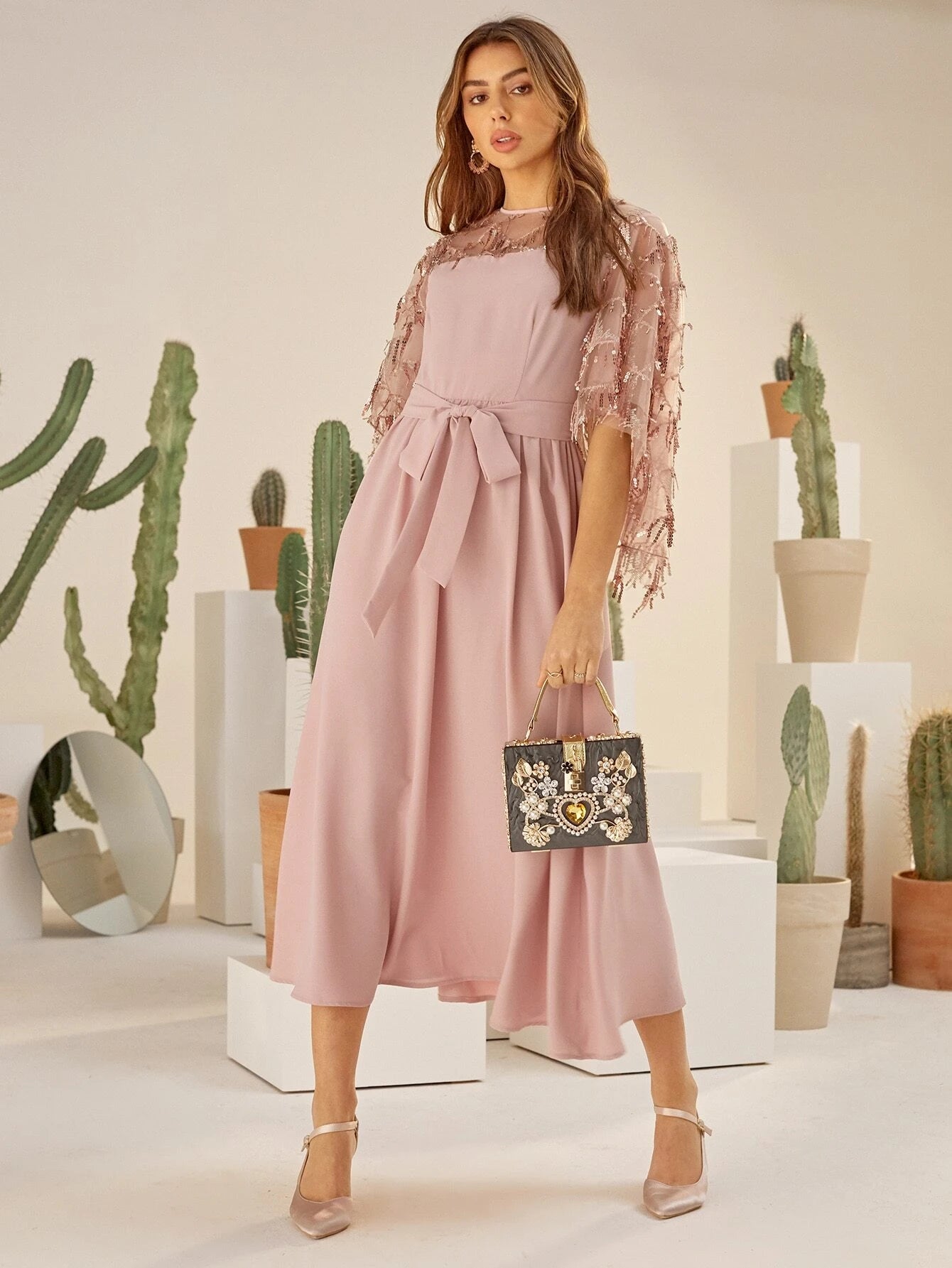 Khloé Sequin Midi Dress - Baby Pink