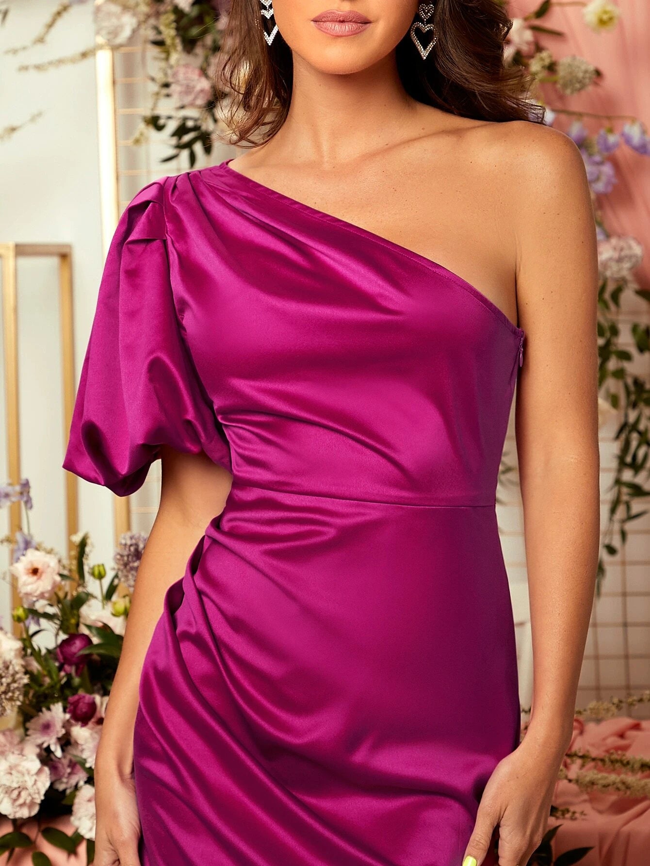 Victoria One Shoulder Puff Sleeve Dress - Red Violet