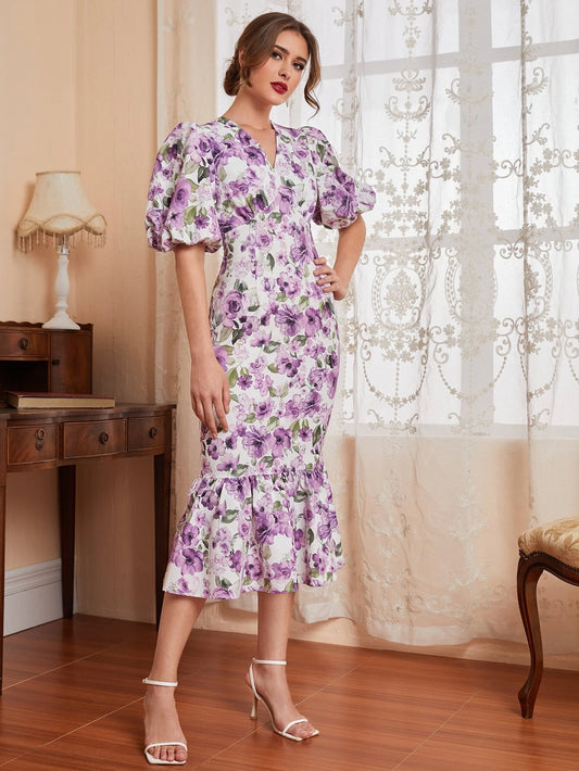 Floret Puff Sleeve Midi Dress - Floral