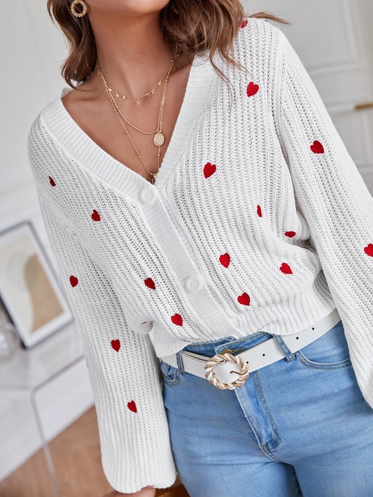 Heart Embroidered Bishop Sleeve Cardigan