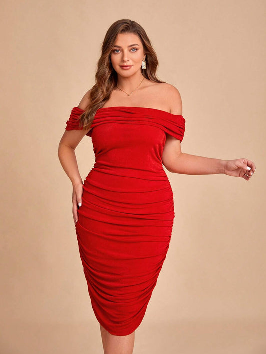 Lana Off Shoulder Midi Dress - Red