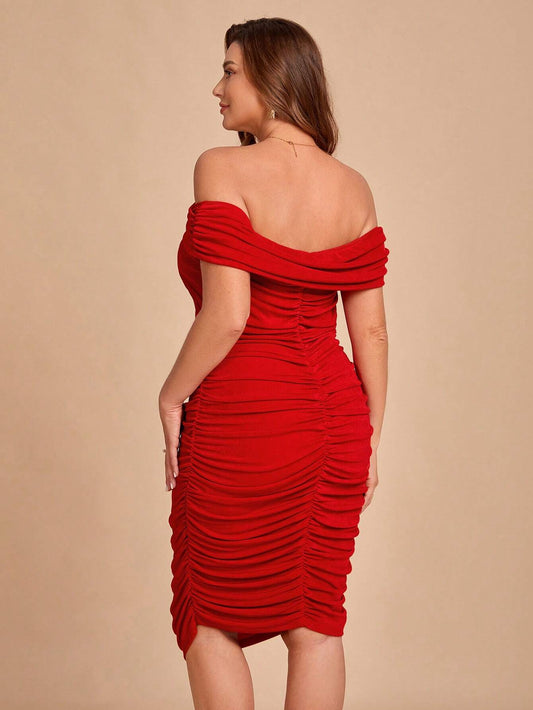 Lana Off Shoulder Midi Dress - Red