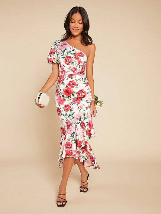 Audrey One Shoulder Midi Dress - Floral