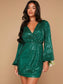 Peta Lantern Sleeve Sequin Dress - Green