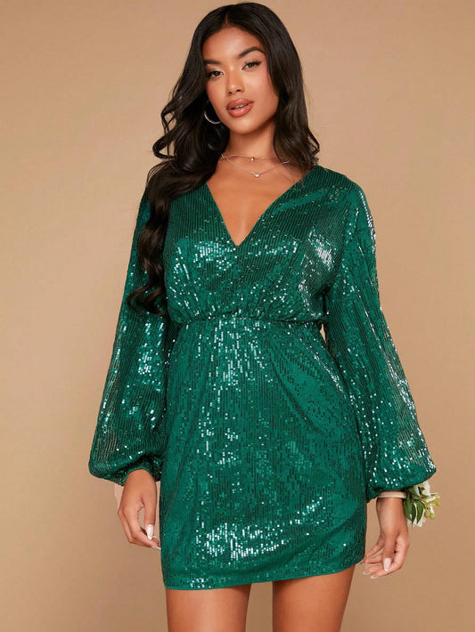 Peta Lantern Sleeve Sequin Dress - Green