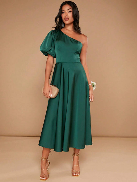 Eden One Shoulder Puff Sleeve Satin Dress