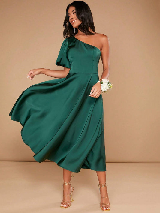 Eden One Shoulder Puff Sleeve Satin Dress