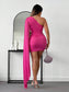 Rose One Shoulder Draped Side Dress