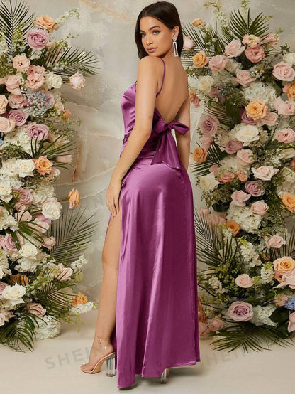 Zuri Split Thigh Satin Maxi Dress - Purple
