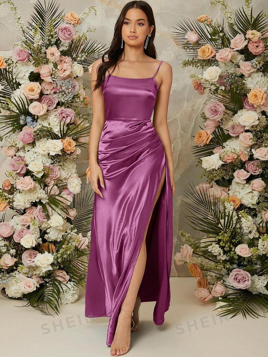 Zuri Split Thigh Satin Maxi Dress - Purple