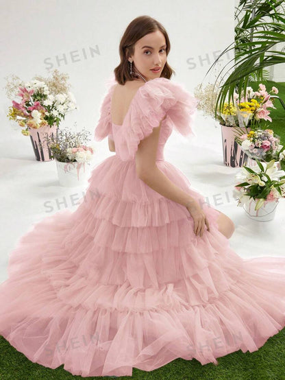 Thillie Mesh Spliced Flounce Sleeve Cake Maxi Dress - Pink