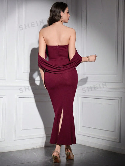 Sarelle Off-Shoulder Midi Dress - Burgundy