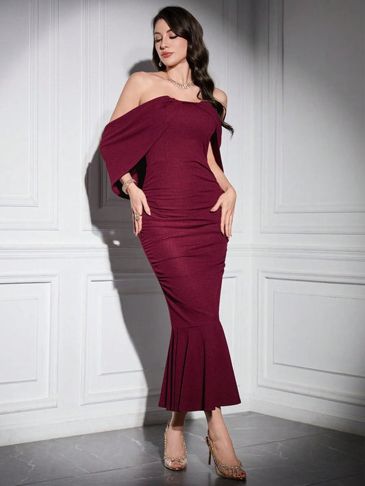 Sarelle Off-Shoulder Midi Dress - Burgundy