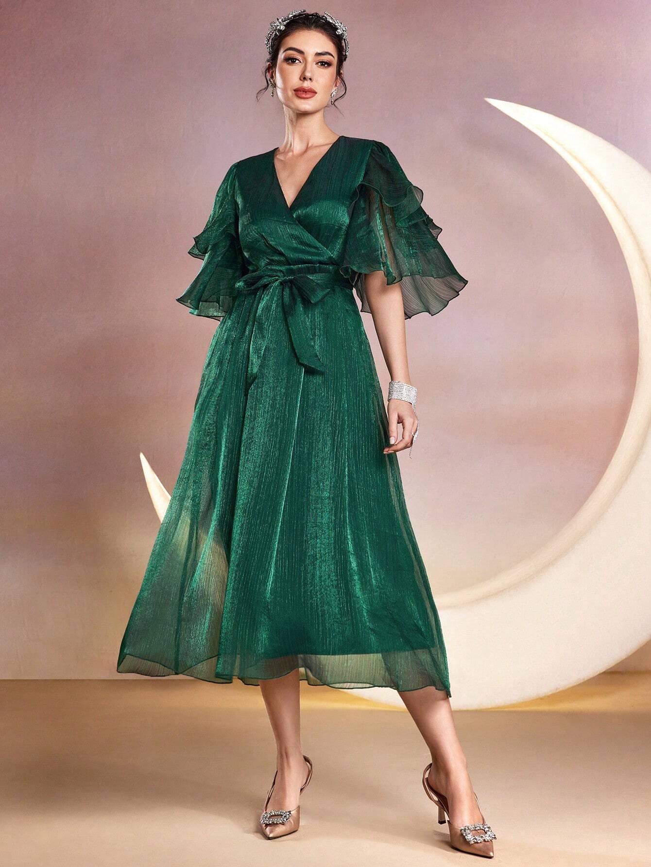 Melody Wrap Belted Midi Dress - Dark Green