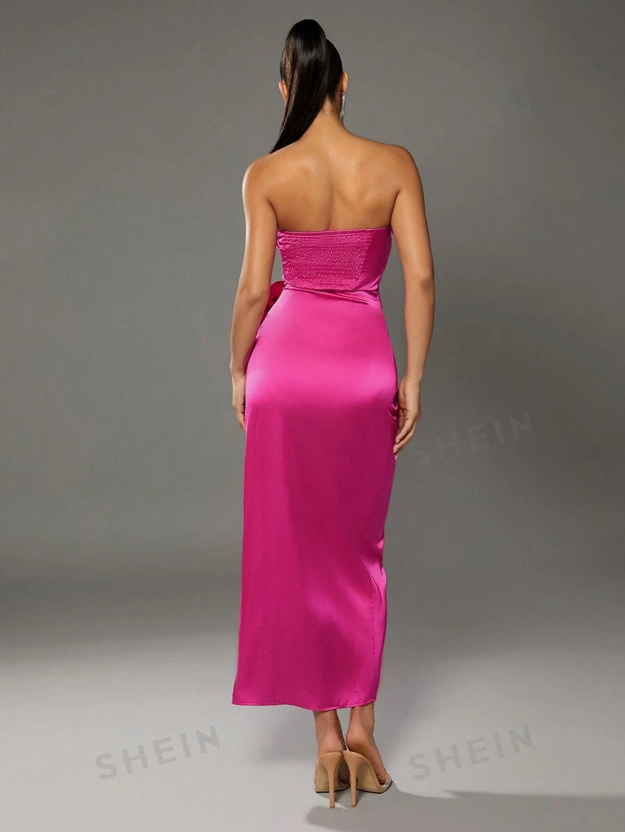 Silas Floral Satin Midi Dress - Hot Pink