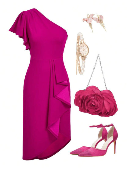 Deana One-Shoulder Midi Dress - Hot Pink
