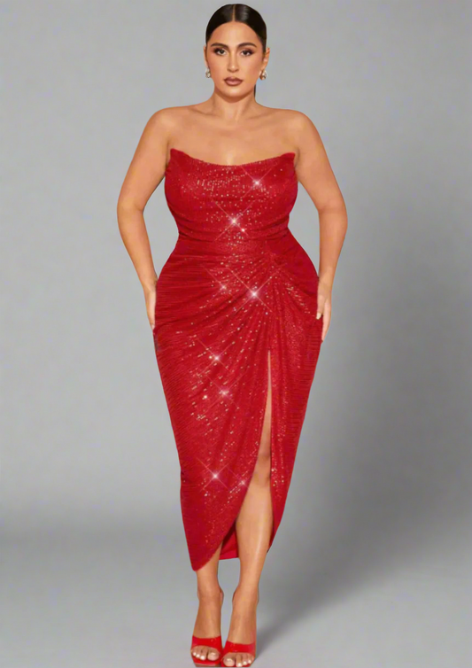 FLAVIA SEQUIN SPLIT THIGH DRESS - RED