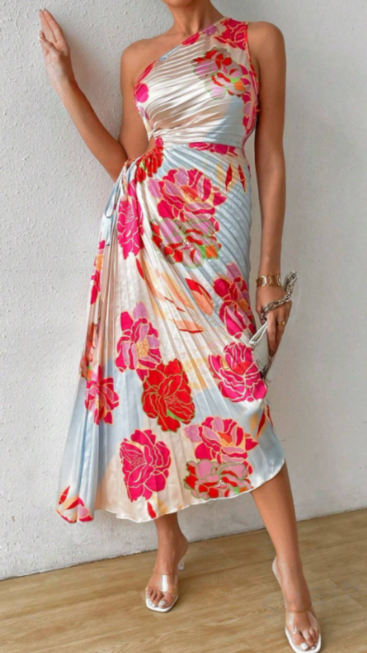 Vanessa Floral One-Shoulder Pleated Dress