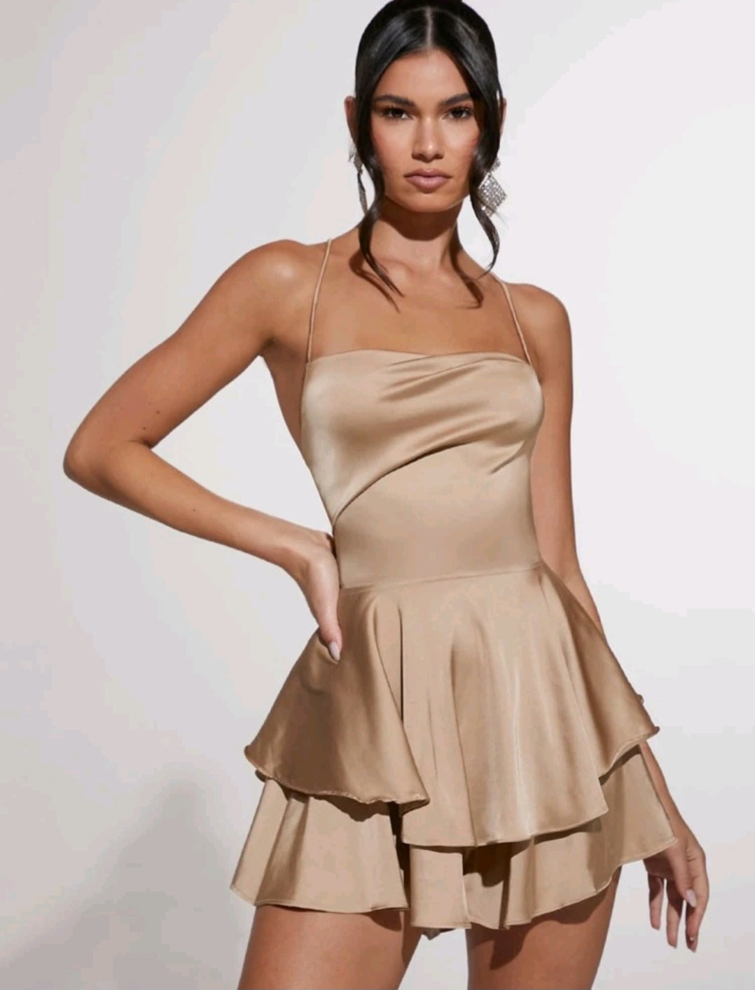 Anaëlle Lace Up Backless Satin Romper - Champagne