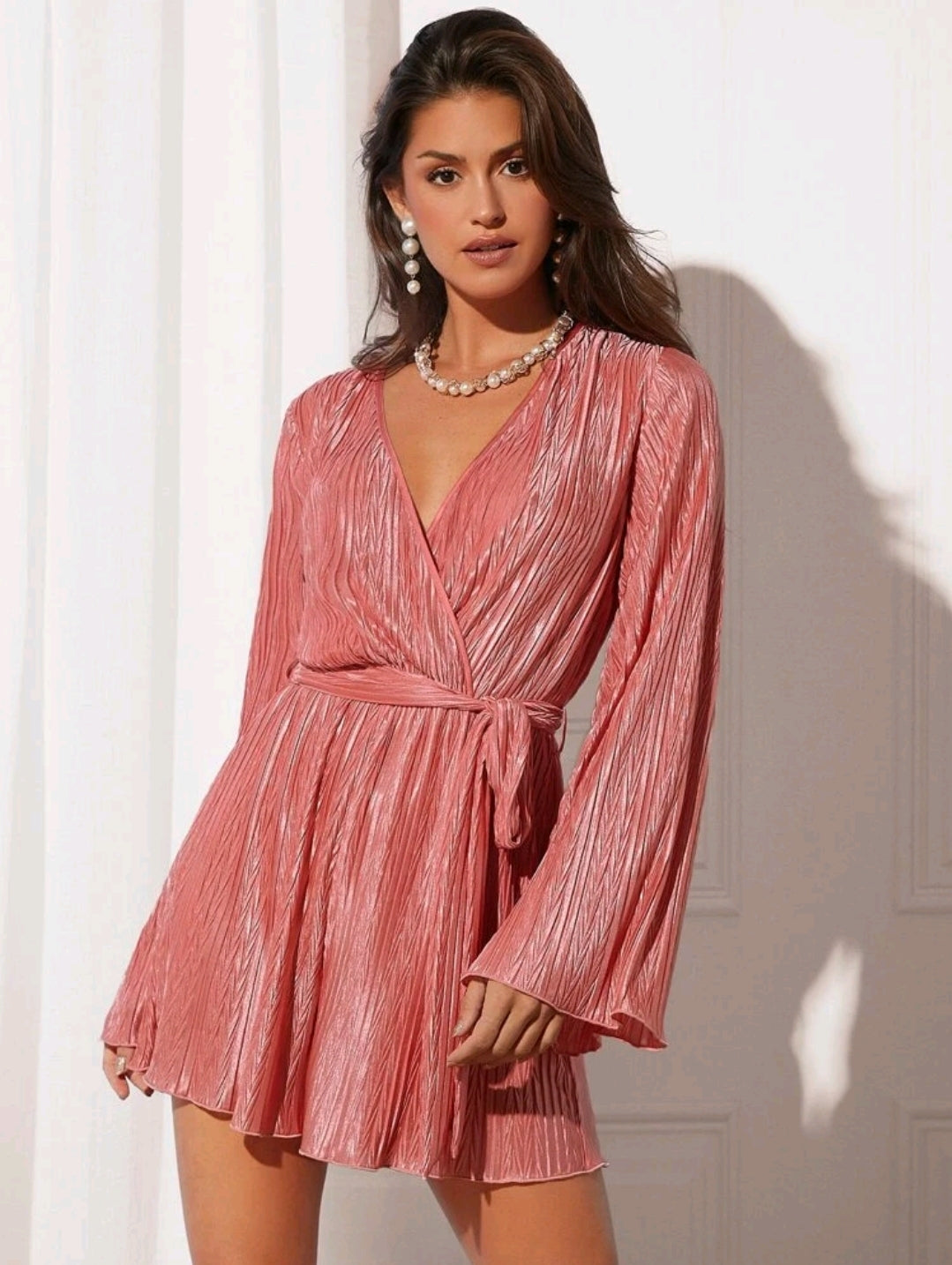 Lilly Surplice Neck Belted Romper - Coral Pink