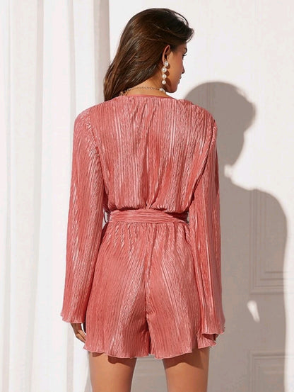 Lilly Surplice Neck Belted Romper - Coral Pink