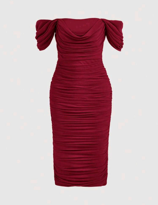 Luella Off Shoulder Ruched Bodycon Dress - Burgundy
