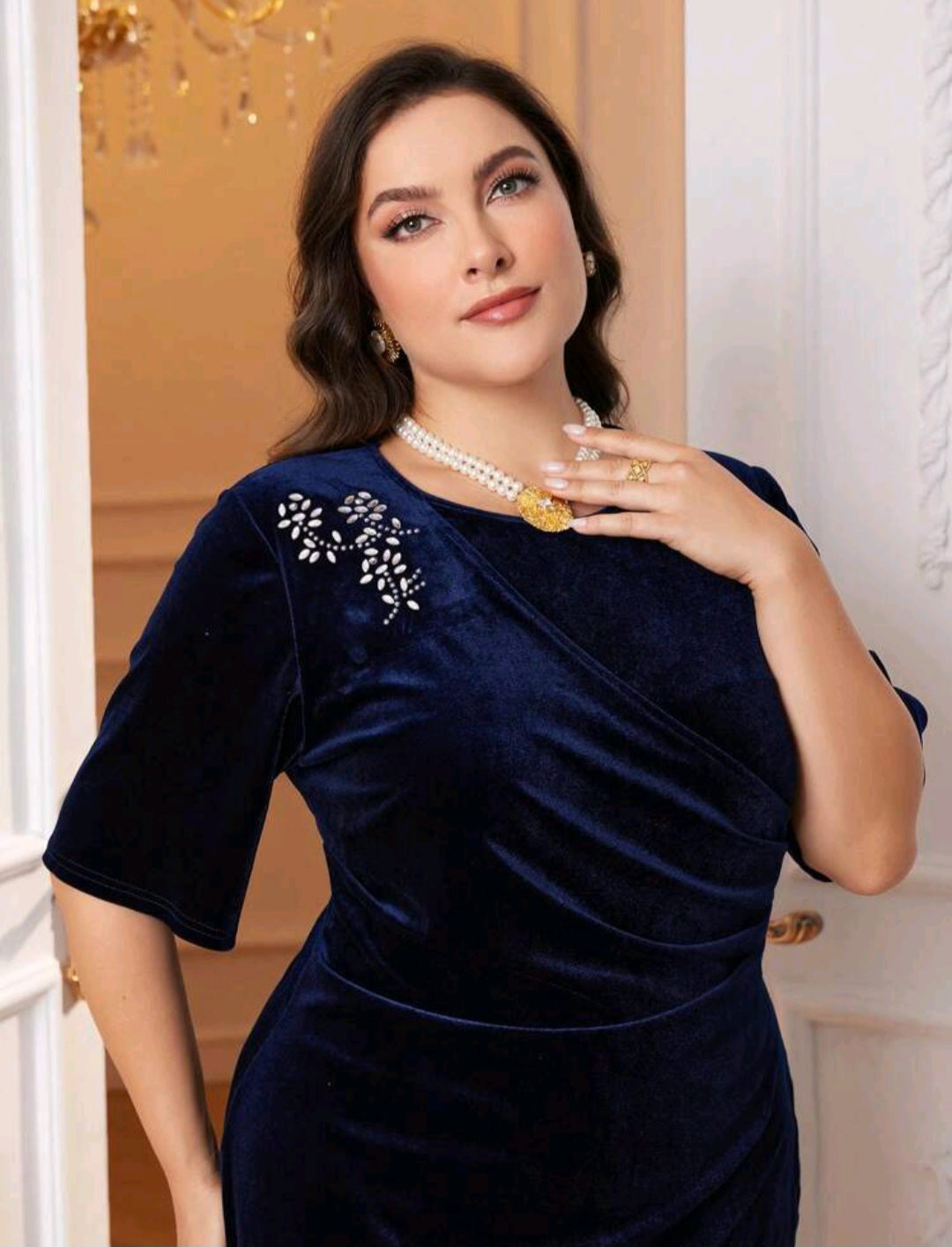 Lydia Rhinestone Detail Velvet Midi Dress