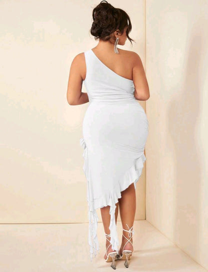 Jayne One Shoulder Ruffle Trim Ruched Dress - White