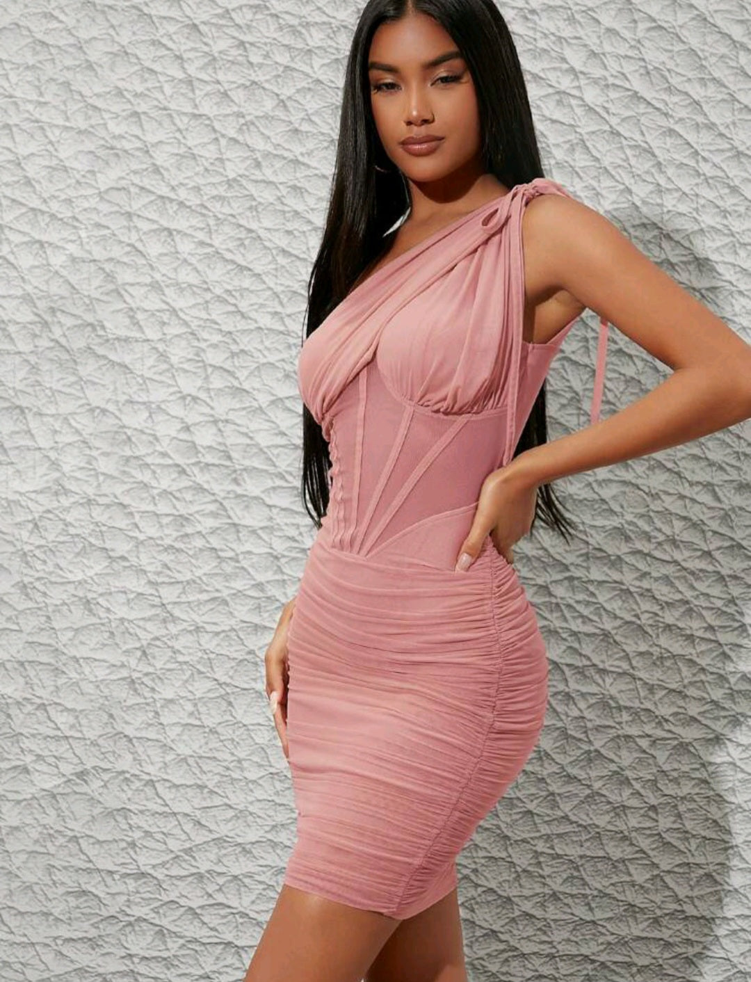Sophie One Shoulder Ruched Mesh Overlay Mini Dress