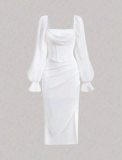 Darla Flare Sleeve Midi Dress - White
