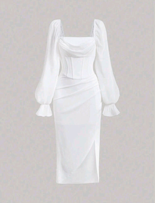 Darla Flare Sleeve Midi Dress - White