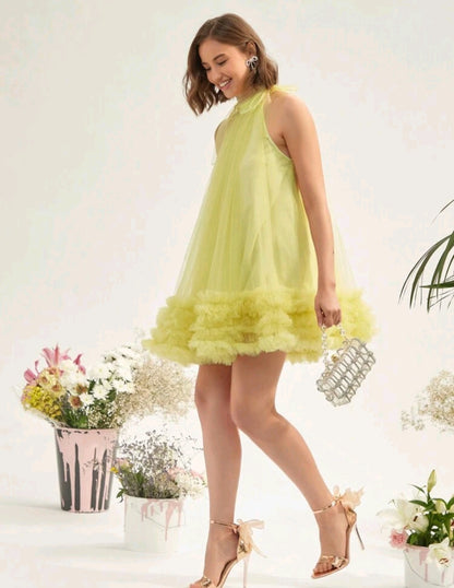 Florence Mesh Overlay Dress - Yellow