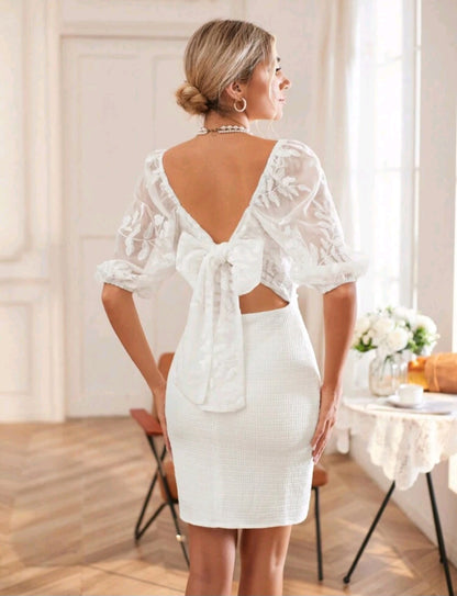 Ines Tie Backless Puff Sleeve Mini Dress - White