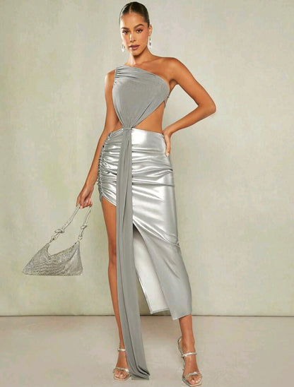 Valencia One Shoulder Draped Split Thigh Dress - Silver