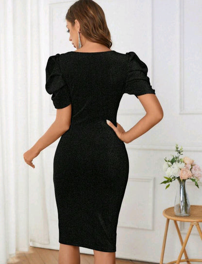 Magalie Puff Sleeve Glitter Dress - Black