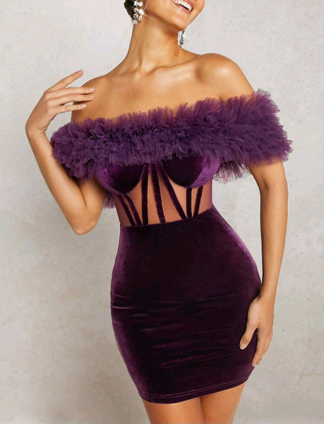 Ivy Off Shoulder Ruffle Trim Velvet Mini Dress - Violet