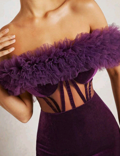Ivy Off Shoulder Ruffle Trim Velvet Mini Dress - Violet