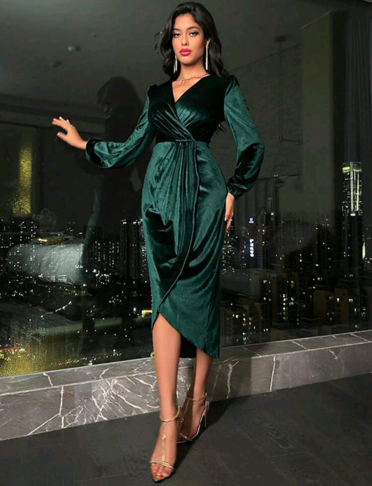 Kendall Surplice Neck Wrap Hem Midi Dress