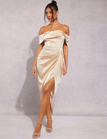 Elizabeth Off Shoulder Satin Midi Dress
